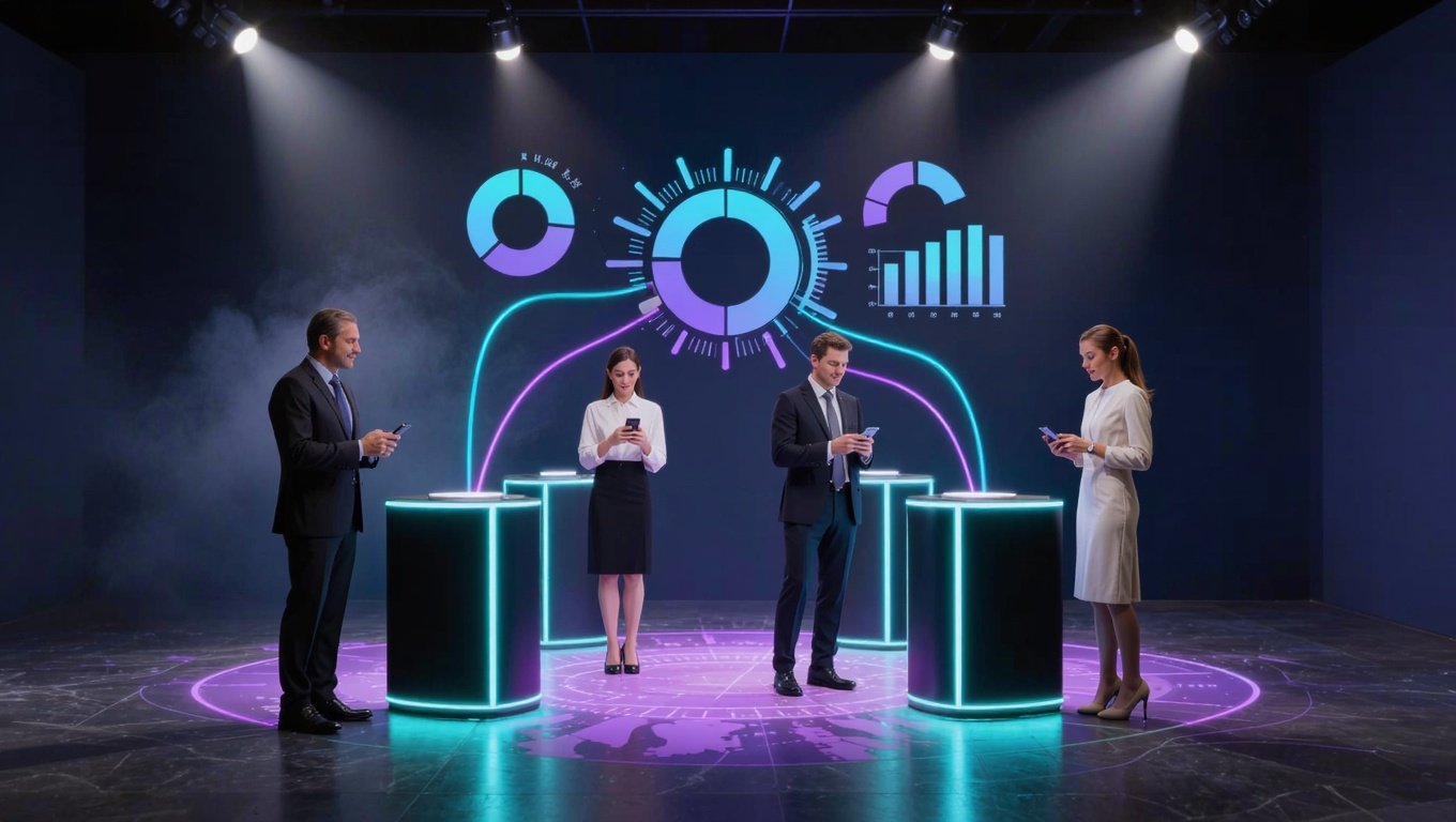 Visitors engaging with a popup brand activation kiosk while holographic overlays visualize foot traffic and customer sentiment insights