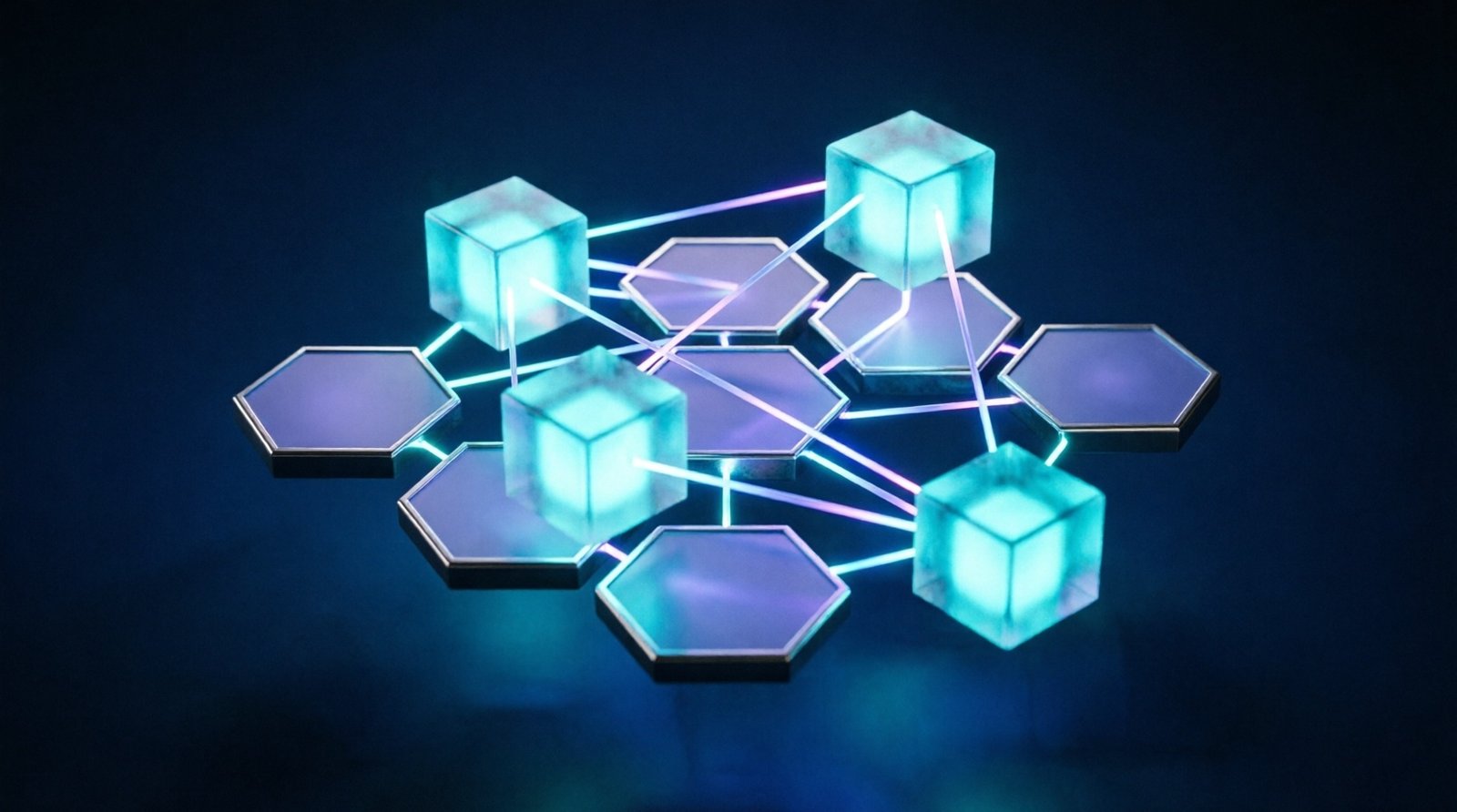 Modular glowing software platform blocks connected by light beams