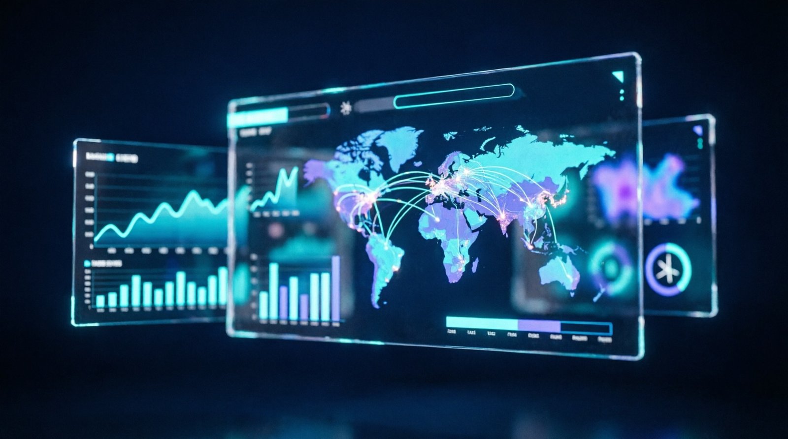 Holographic analytics dashboards visualizing global data intelligence